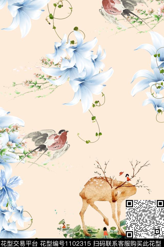 动物手绘花卉淑女数码印花华亿平台下载（图片编号: 1102315） - 瓦栏（Walan）