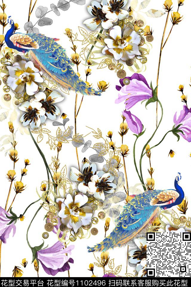 孔雀中国风3D立体数码印花华亿平台下载（图片编号: 1102496） - 瓦栏（Walan）