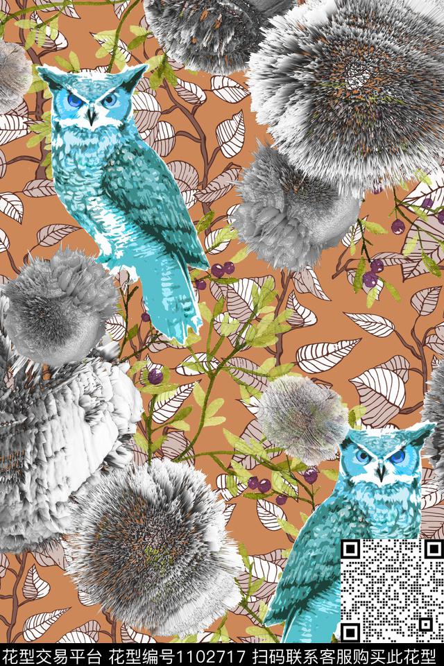 猫头鹰大牌风绿植树叶数码印花华亿平台下载（图片编号: 1102717） - 瓦栏（Walan）