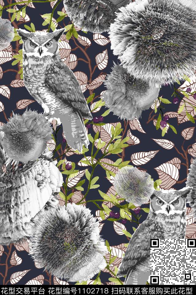 猫头鹰大牌风绿植树叶数码印花华亿平台下载（图片编号: 1102718） - 瓦栏（Walan）