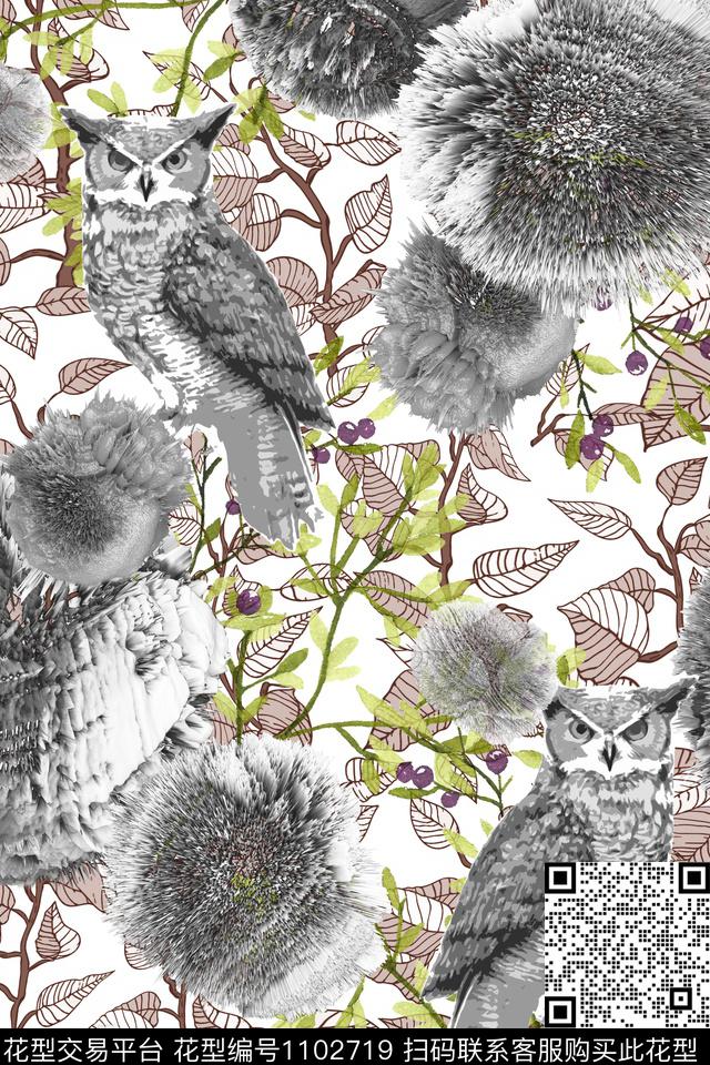 猫头鹰大牌风绿植树叶数码印花华亿平台下载（图片编号: 1102719） - 瓦栏（Walan）