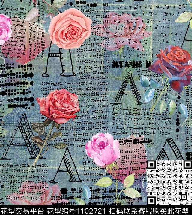 褪色花卉月季花字母数码印花华亿平台下载（图片编号: 1102721） - 瓦栏（Walan）