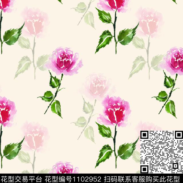 手绘玫瑰水彩花卉粉色数码印花华亿平台下载（图片编号: 1102952） - 瓦栏（Walan）