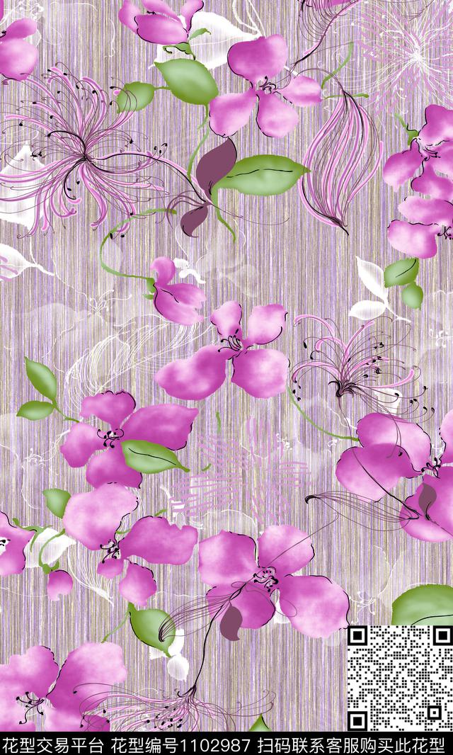 线条手绘花卉炫彩数码印花华亿平台下载（图片编号: 1102987） - 瓦栏（Walan）
