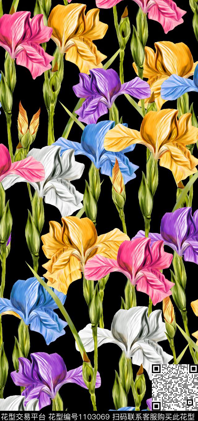 鸢尾花抽象绿植树叶数码印花华亿平台下载（图片编号: 1103069） - 瓦栏（Walan）