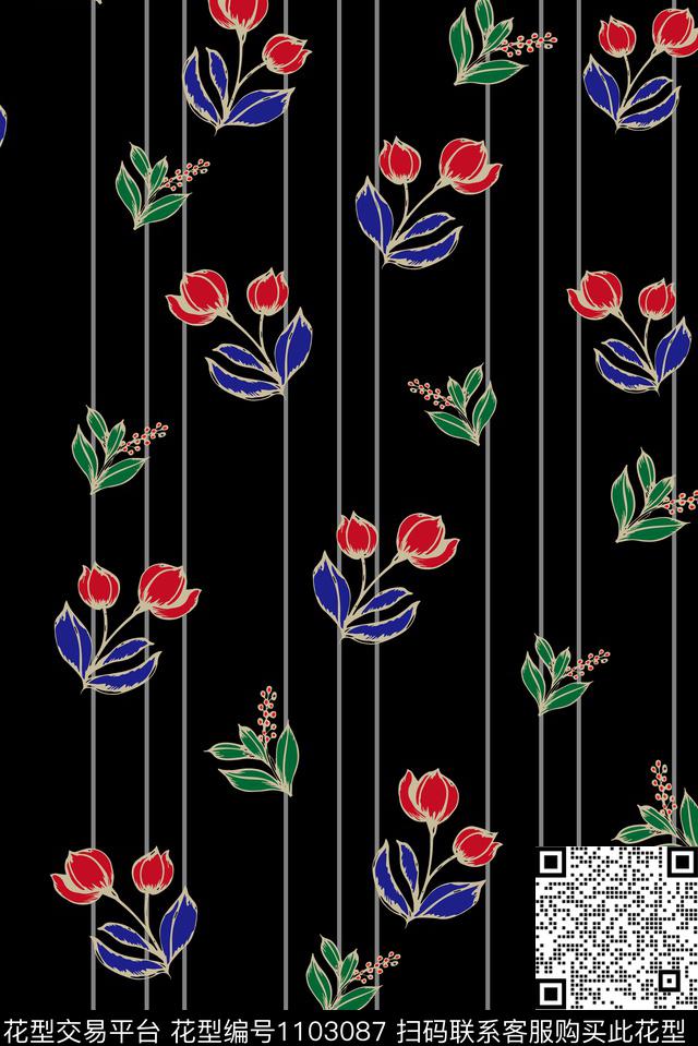 小碎花郁金香线条花卉数码印花华亿平台下载（图片编号: 1103087） - 瓦栏（Walan）