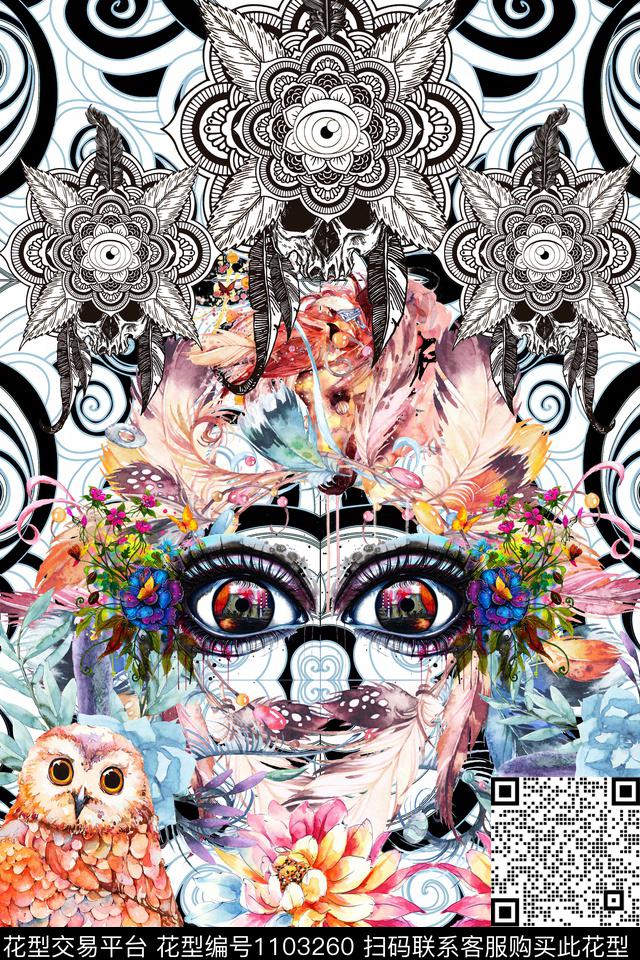 猫头鹰定位花抽象传统印花华亿平台下载（图片编号: 1103260） - 瓦栏（Walan）