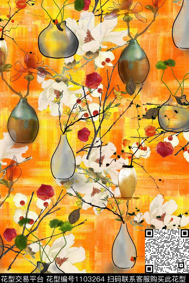 中国风花卉水墨风传统印花华亿平台下载（图片编号: 1103264） - 瓦栏（Walan）