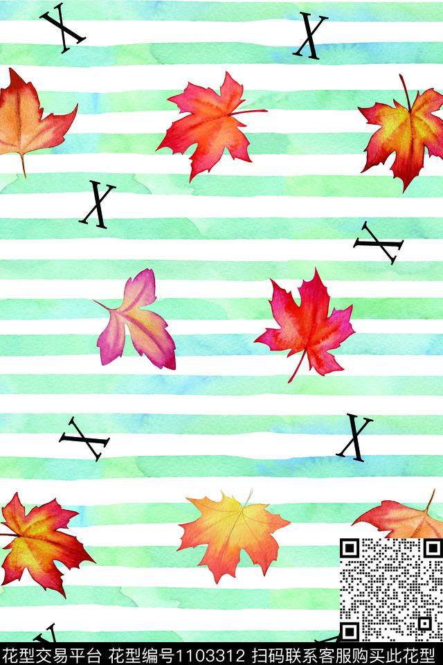 条纹字母手绘叶子数码印花华亿平台下载（图片编号: 1103312） - 瓦栏（Walan）