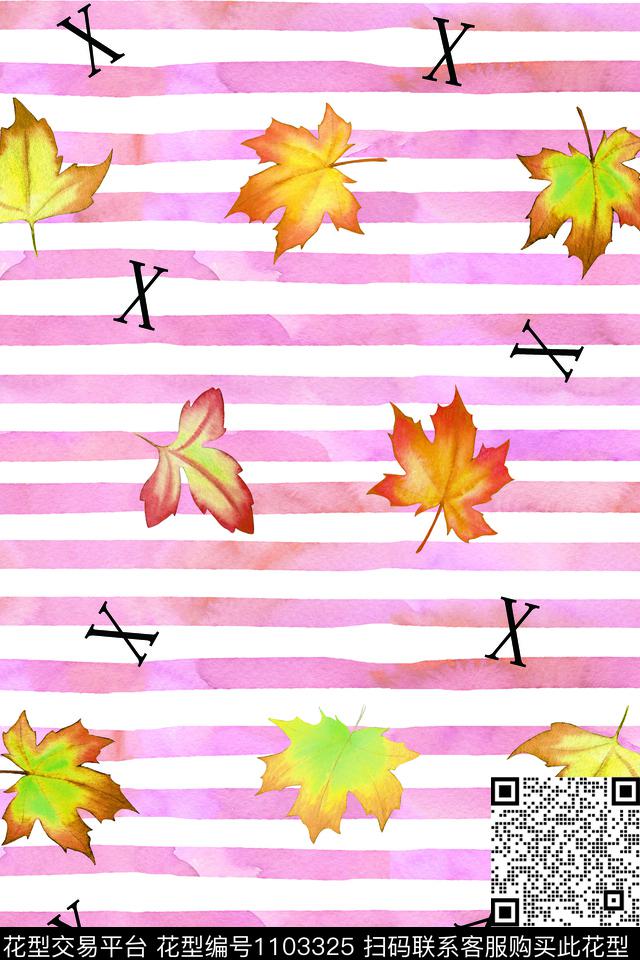 条纹字母手绘叶子数码印花华亿平台下载（图片编号: 1103325） - 瓦栏（Walan）