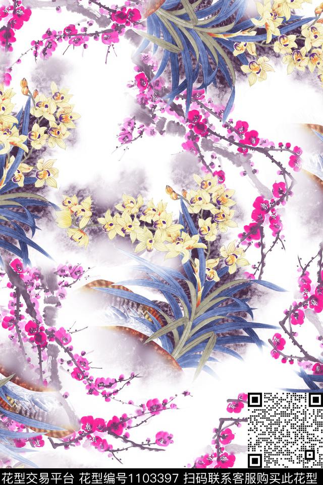 白底花花卉水墨风传统印花华亿平台下载（图片编号: 1103397） - 瓦栏（Walan）