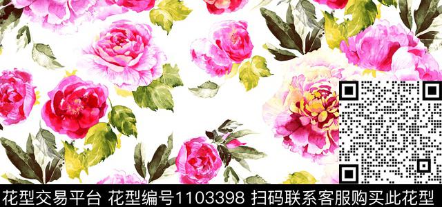 白底花花卉水墨风传统印花华亿平台下载（图片编号: 1103398） - 瓦栏（Walan）