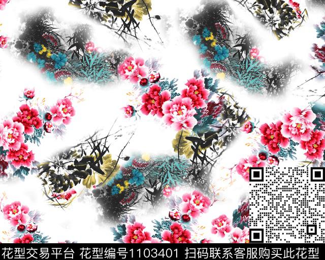 白底花花卉水墨风传统印花华亿平台下载（图片编号: 1103401） - 瓦栏（Walan）