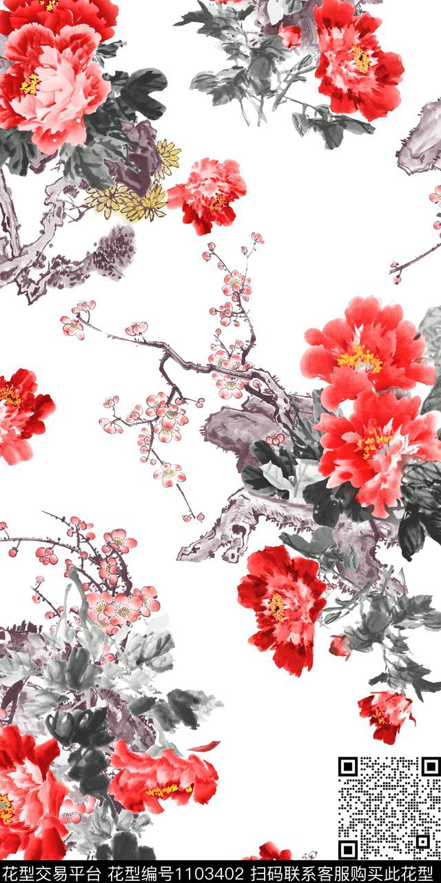 白底花花卉水墨风传统印花华亿平台下载（图片编号: 1103402） - 瓦栏（Walan）
