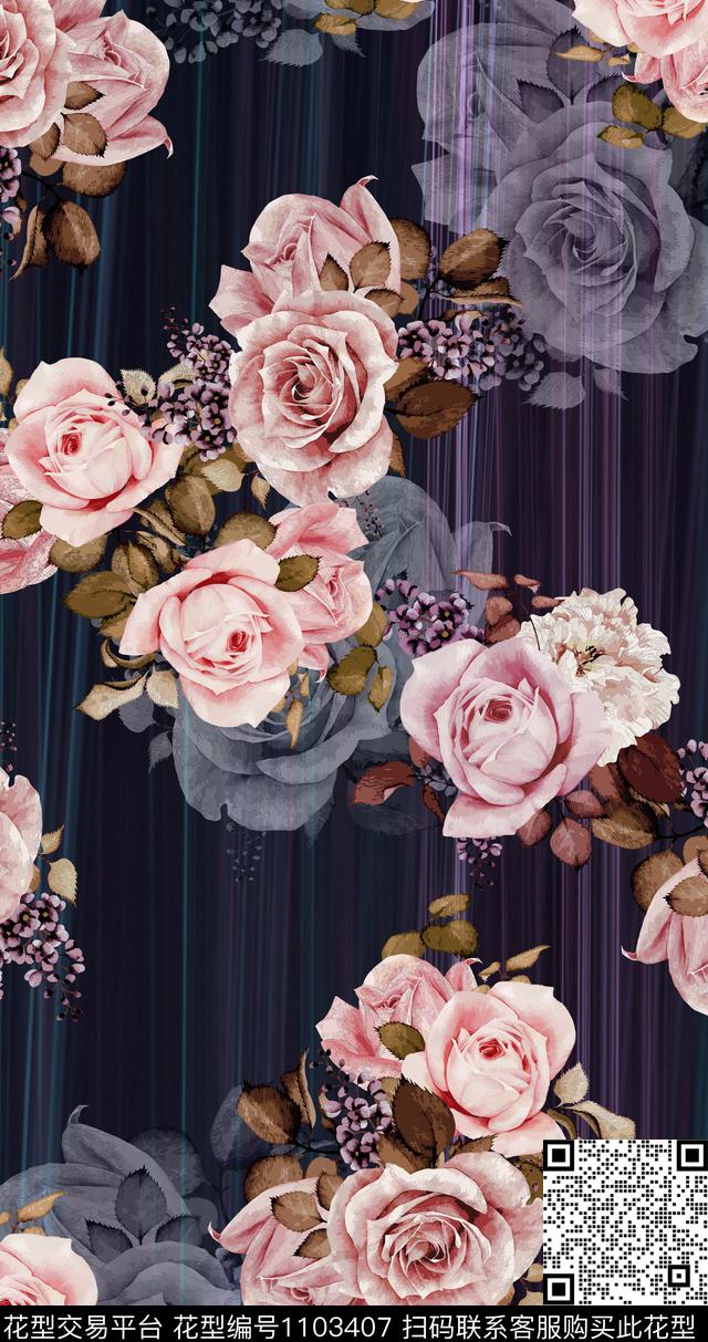 抽象花卉复古数码印花华亿平台下载（图片编号: 1103407） - 瓦栏（Walan）