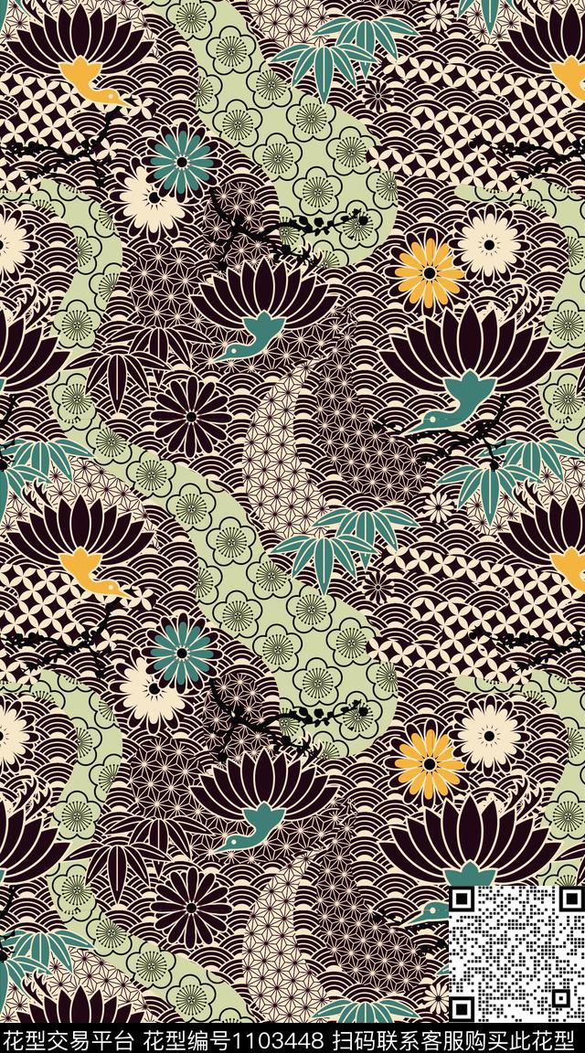 数码华亿平台花卉中国风定位花数码印花华亿平台下载（图片编号: 1103448） - 瓦栏（Walan）