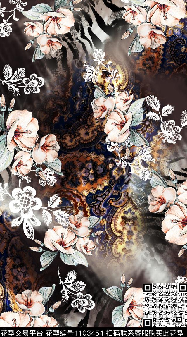 数码华亿平台花卉中国风定位花数码印花华亿平台下载（图片编号: 1103454） - 瓦栏（Walan）