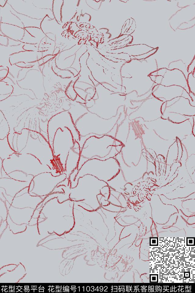 黑白红灰世界手绘线条笔触签字笔印花传统印花华亿平台下载（图片编号: 1103492） - 瓦栏（Walan）