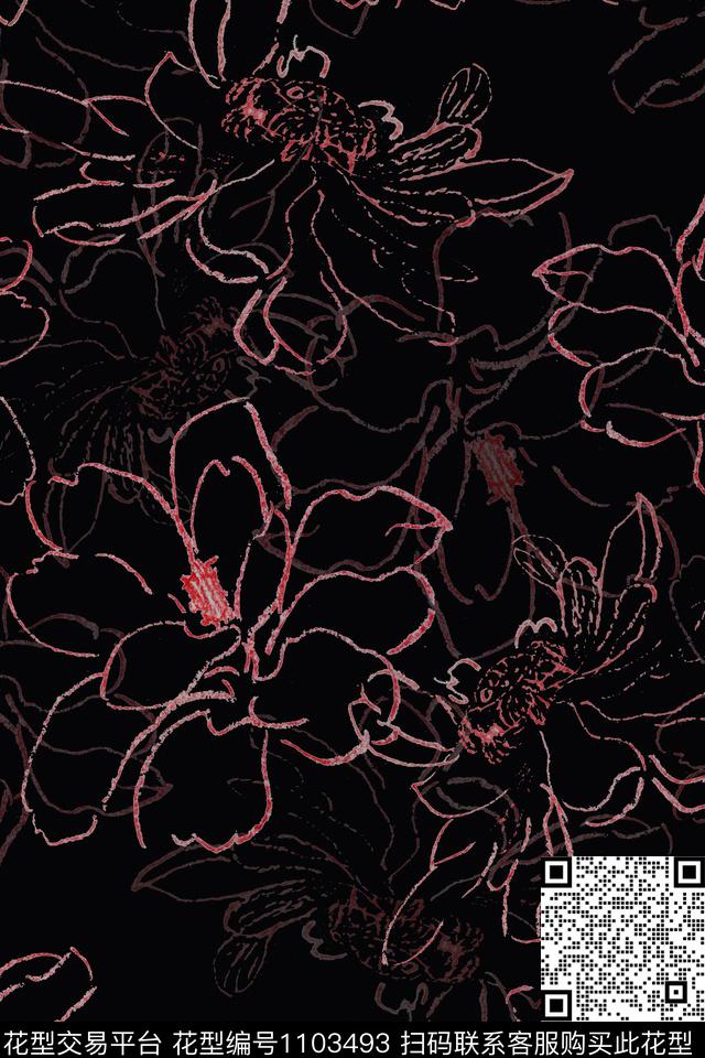 黑白红灰世界手绘线条笔触签字笔印花传统印花华亿平台下载（图片编号: 1103493） - 瓦栏（Walan）