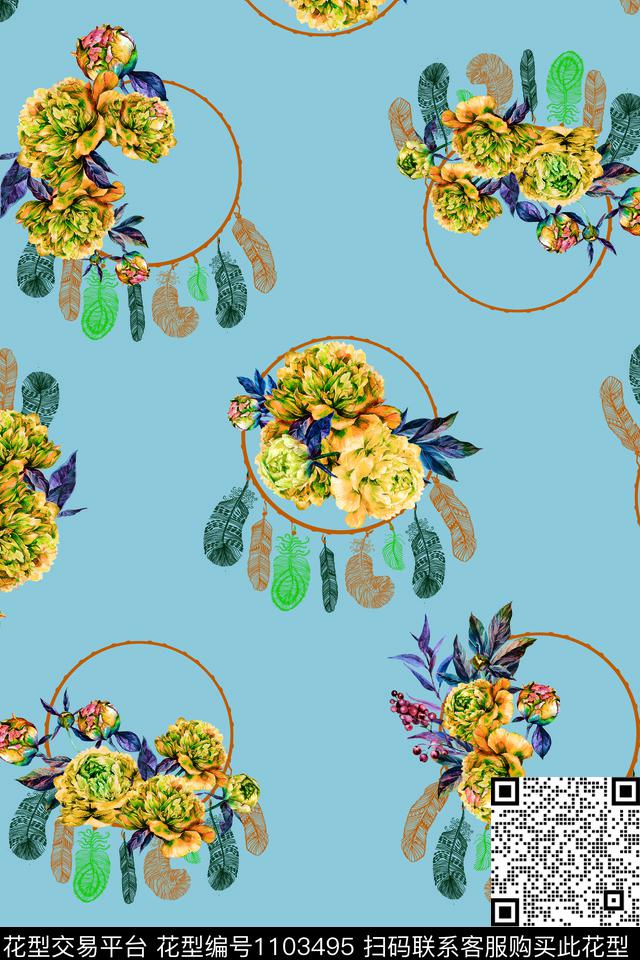 抽象花卉花环吊坠数码印花华亿平台下载（图片编号: 1103495） - 瓦栏（Walan）
