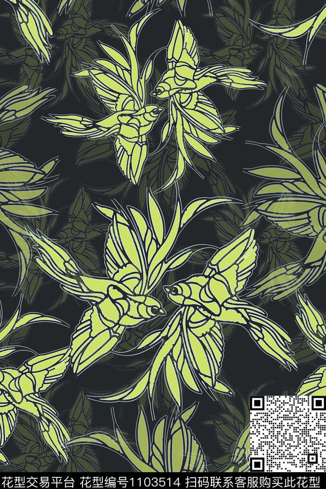 鸟昆虫图案鸟线条白描数码印花华亿平台下载（图片编号: 1103514） - 瓦栏（Walan）