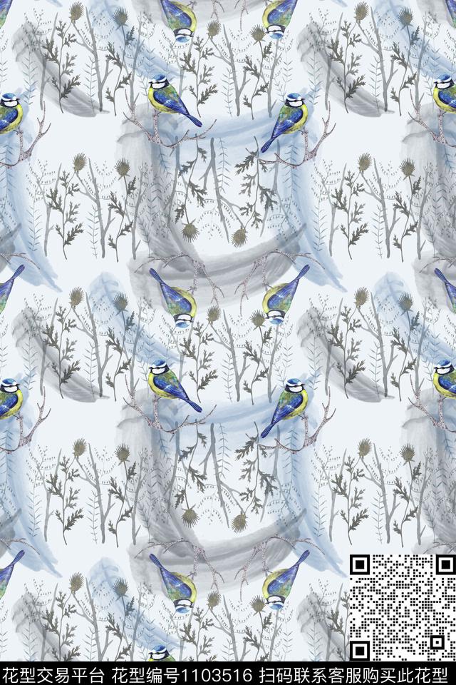 树枝鸟昆虫图案羽毛飘飘数码印花华亿平台下载（图片编号: 1103516） - 瓦栏（Walan）