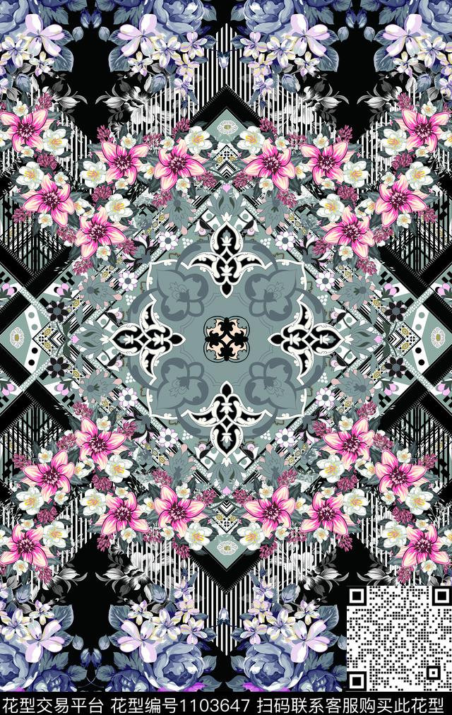 定位花几何抽象数码印花华亿平台下载（图片编号: 1103647） - 瓦栏（Walan）