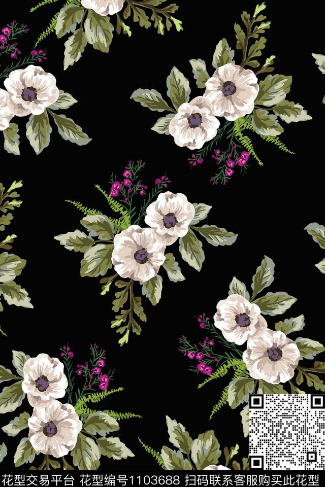 数码华亿平台黑底花卉花卉数码印花华亿平台下载（图片编号: 1103688） - 瓦栏（Walan）