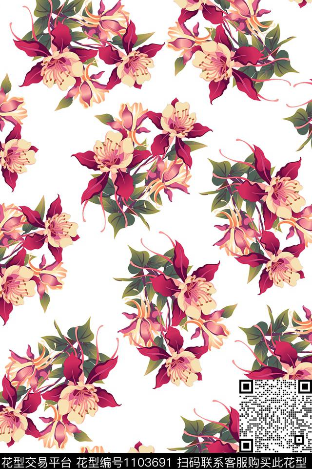 数码华亿平台黑底花卉花卉数码印花华亿平台下载（图片编号: 1103691） - 瓦栏（Walan）