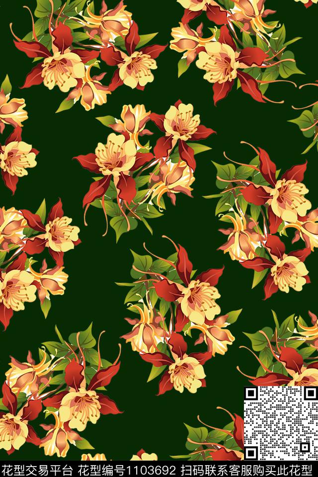 数码华亿平台黑底花卉花卉数码印花华亿平台下载（图片编号: 1103692） - 瓦栏（Walan）