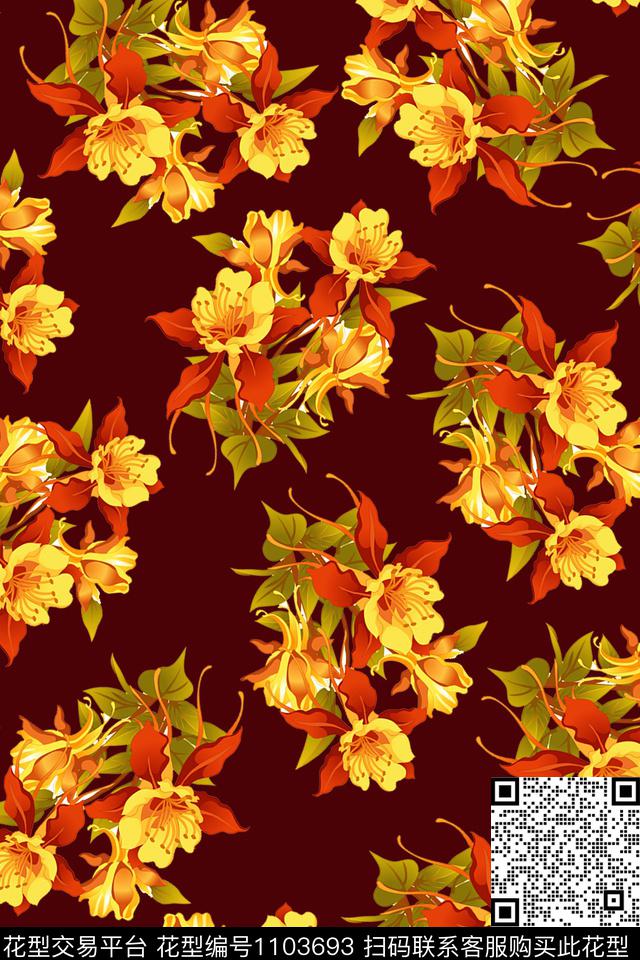 数码华亿平台黑底花卉花卉数码印花华亿平台下载（图片编号: 1103693） - 瓦栏（Walan）