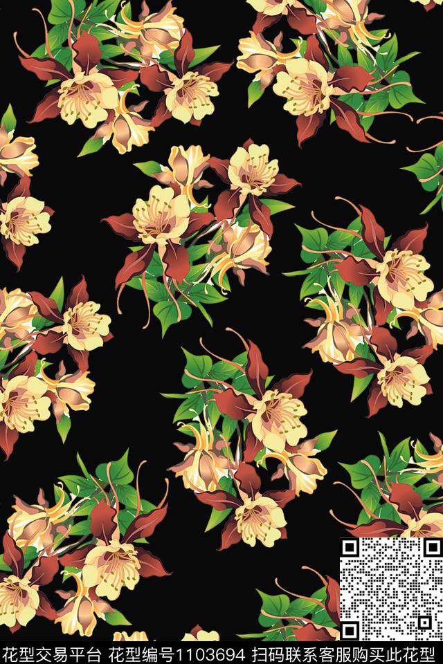 数码华亿平台黑底花卉花卉数码印花华亿平台下载（图片编号: 1103694） - 瓦栏（Walan）