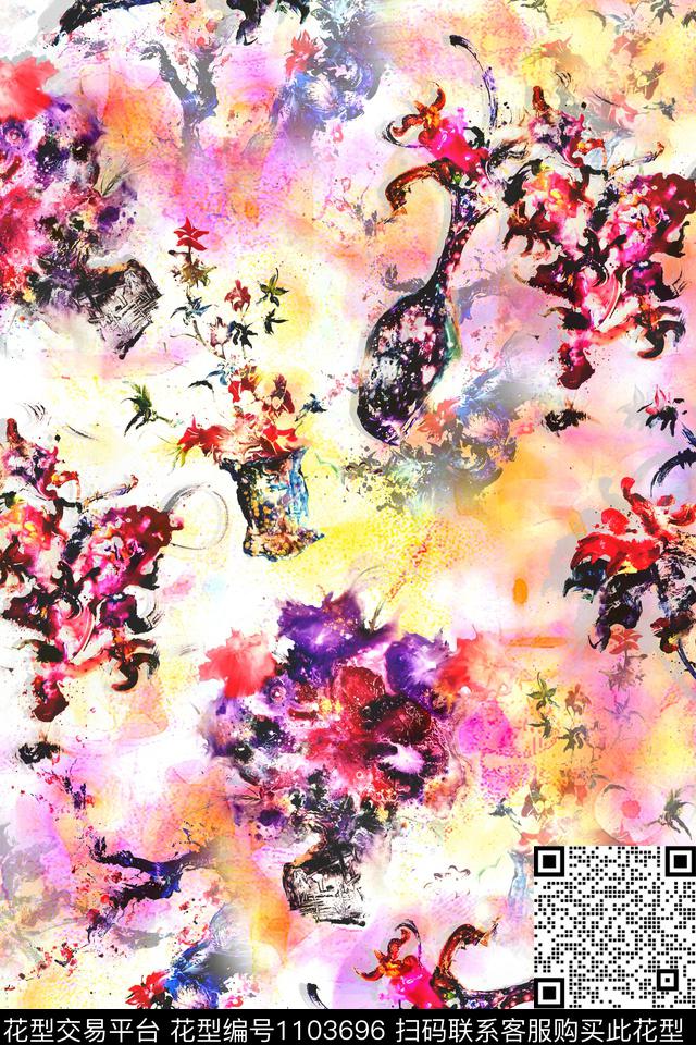 手绘花卉抽象水彩花卉数码印花华亿平台下载（图片编号: 1103696） - 瓦栏（Walan）