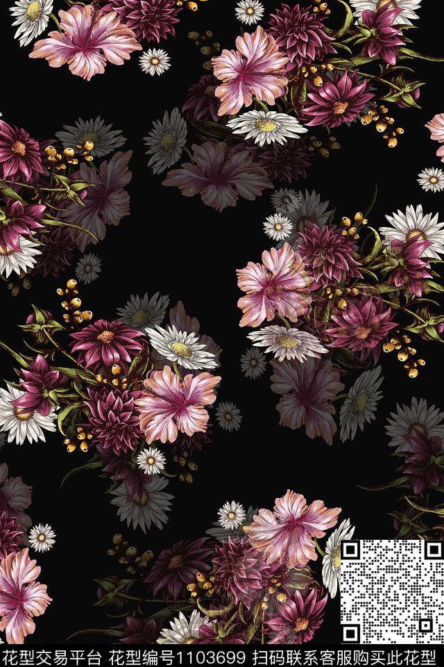 数码华亿平台黑底花卉花卉数码印花华亿平台下载（图片编号: 1103699） - 瓦栏（Walan）