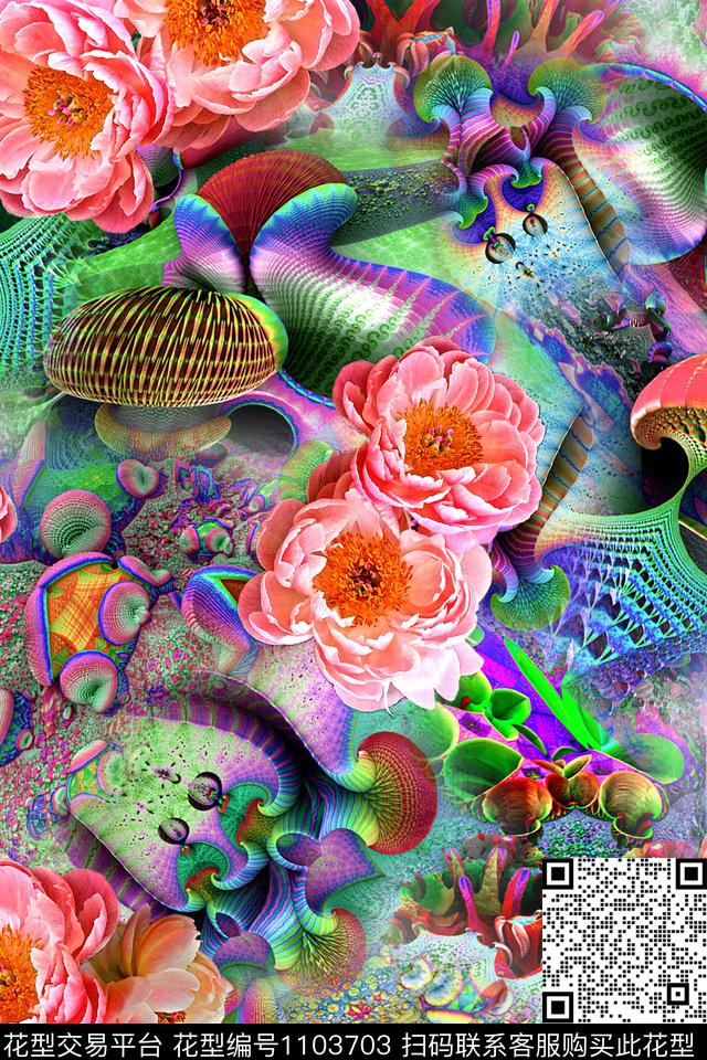 手绘花卉牡丹抽象数码印花华亿平台下载（图片编号: 1103703） - 瓦栏（Walan）