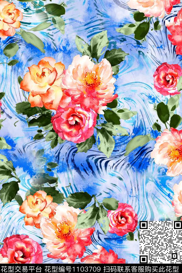 花卉手绘花卉抽象数码印花华亿平台下载（图片编号: 1103709） - 瓦栏（Walan）