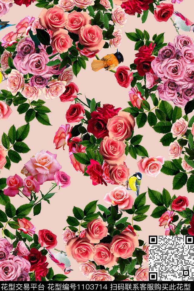 鲜花花卉玫瑰花数码印花华亿平台下载（图片编号: 1103714） - 瓦栏（Walan）