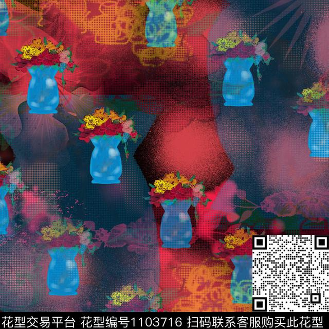创意抽象手绘花卉数码印花华亿平台下载（图片编号: 1103716） - 瓦栏（Walan）