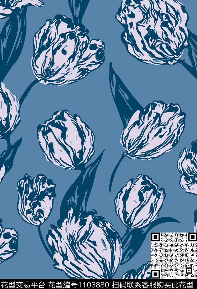 花卉传统华亿平台郁金香数码印花华亿平台下载（图片编号: 1103880） - 瓦栏（Walan）