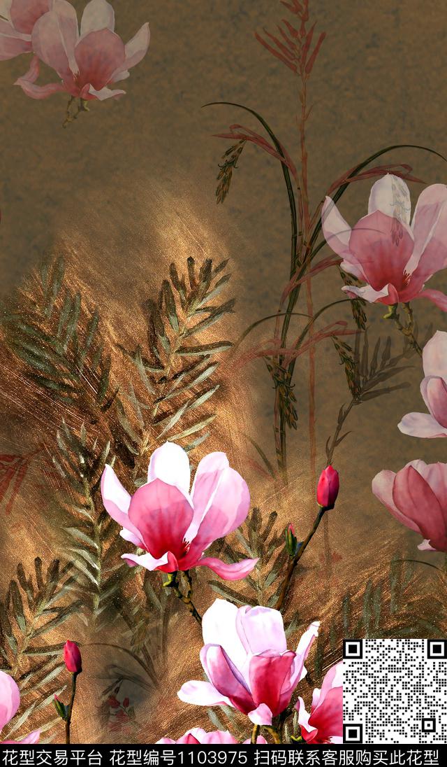 中国风定位花木兰花中老年花卉数码印花华亿平台下载（图片编号: 1103975） - 瓦栏（Walan）