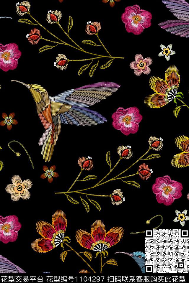 雀鸟热带花朵绣花华亿平台数码印花华亿平台下载（图片编号: 1104297） - 瓦栏（Walan）