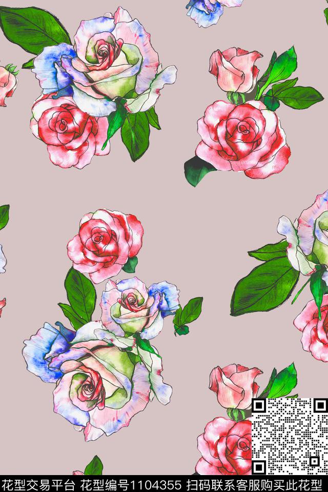田园手绘玫瑰清爽底花卉数码印花华亿平台下载（图片编号: 1104355） - 瓦栏（Walan）