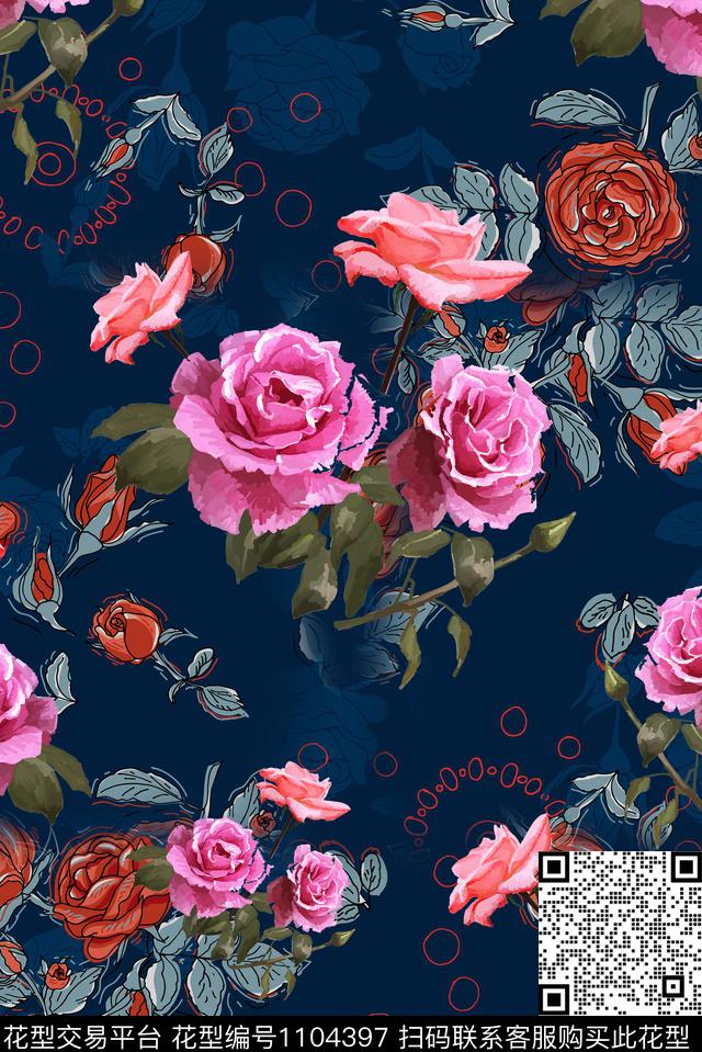 数码华亿平台手绘玫瑰真丝数码印花华亿平台下载（图片编号: 1104397） - 瓦栏（Walan）