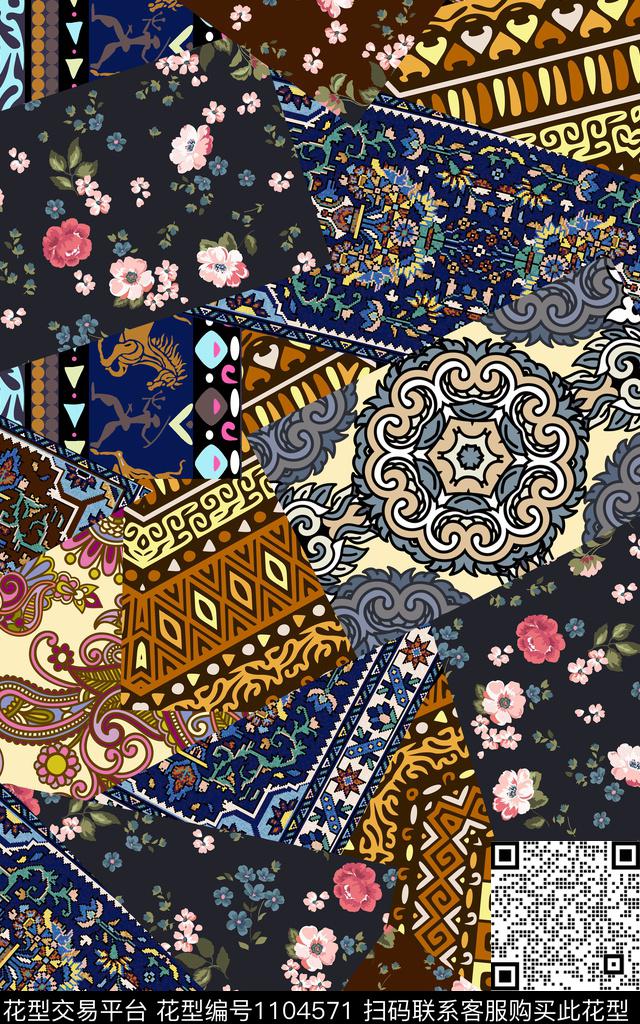 民族风佩斯利混合拼接数码印花华亿平台下载（图片编号: 1104571） - 瓦栏（Walan）