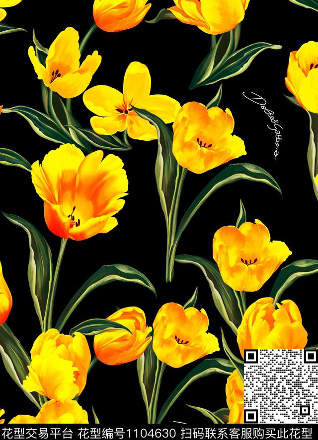 郁金香手绘花卉数码印花华亿平台下载（图片编号: 1104630） - 瓦栏（Walan）