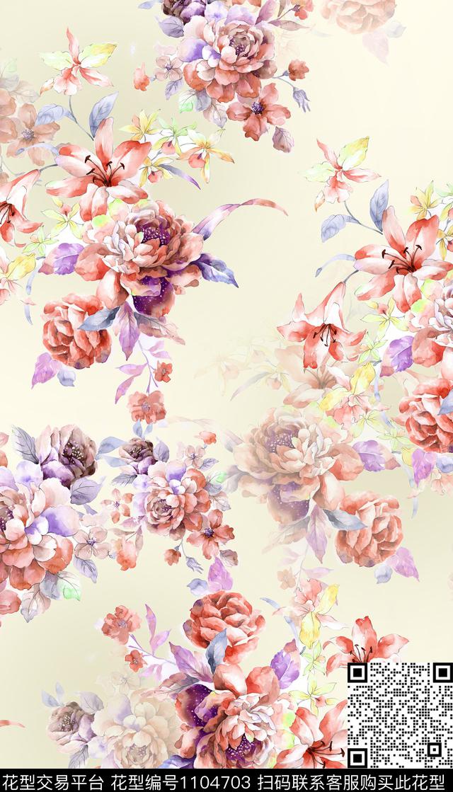 花卉满版散花水彩花卉数码印花华亿平台下载（图片编号: 1104703） - 瓦栏（Walan）