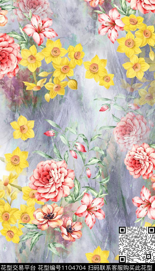 花卉满版散花水彩花卉数码印花华亿平台下载（图片编号: 1104704） - 瓦栏（Walan）