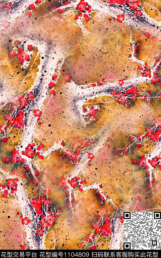 肌理梅花中国风数码印花华亿平台下载（图片编号: 1104809） - 瓦栏（Walan）