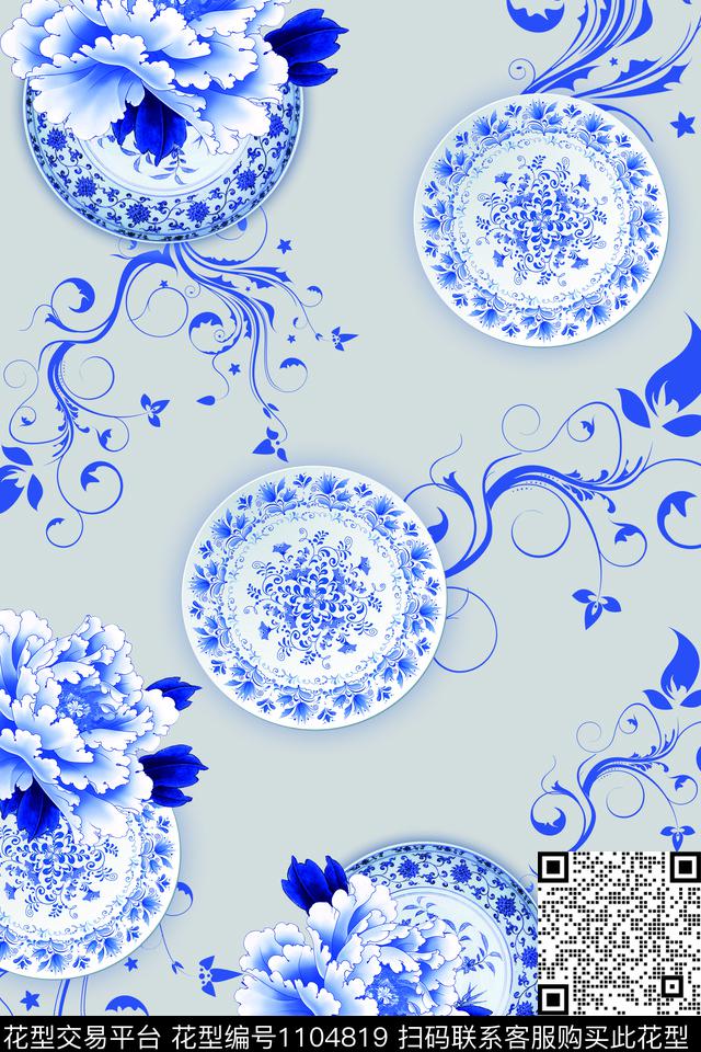 青花瓷盘子蓝色花纹数码印花华亿平台下载（图片编号: 1104819） - 瓦栏（Walan）