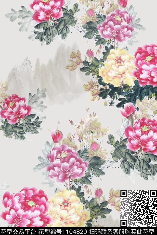 牡丹国画水墨风数码印花华亿平台下载（图片编号: 1104820） - 瓦栏（Walan）